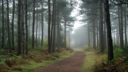 Obraz premium A desolate fog-covered footpath in the heart of a dense woodland, lined with tall trees