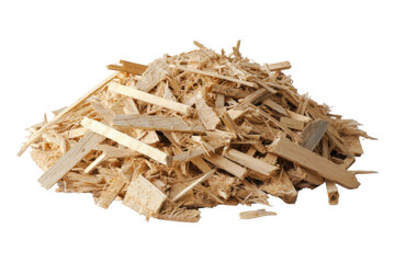 Pile of wood scraps left over from furniture making on white background.