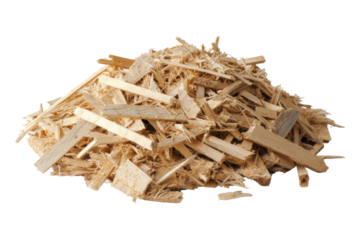 Pile of wood scraps left over from furniture making on white background.