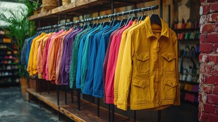 Colorful jackets on display in a clothing store.