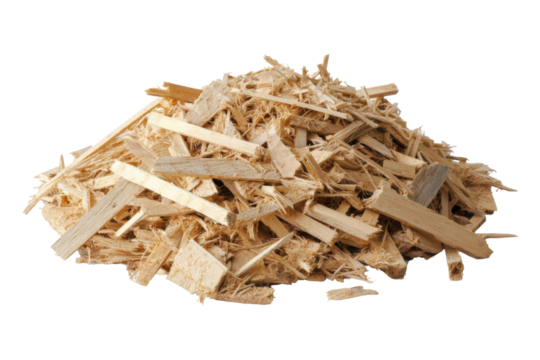 Pile of wood scraps left over from furniture making on white background.