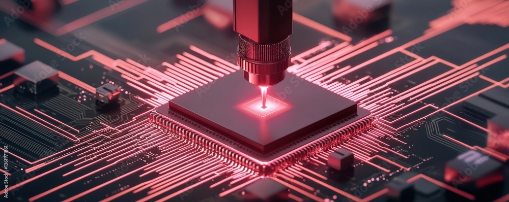 Aufkleber material science nanomaterials concept. high-tech circuit board with laser cutting process.