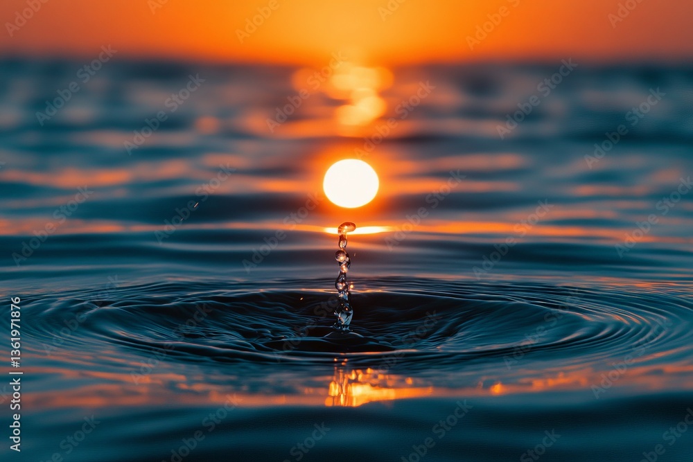 Poster sunset reflection creates ripples in calm ocean water with a droplet suspended in front of the sun
