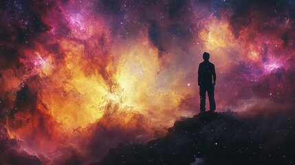 Fototapeta premium A lone figure gazes at a vibrant and colorful cosmic nebula