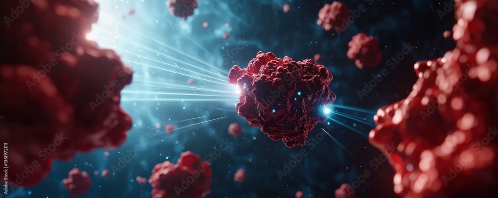 Poster material science nanomaterials concept. abstract representation of particles in a cosmic environment