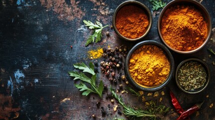 Colorful spices arranged in bowls on rustic blue surface