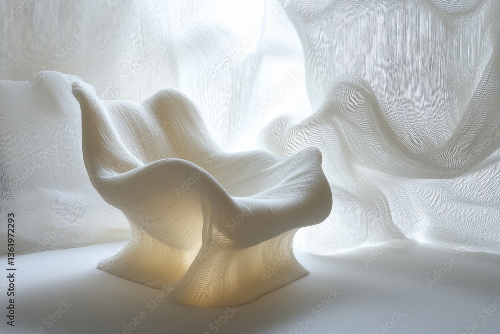 Poster modern white chair illuminated by soft light in a minimalistic interior setting with flowing fabric 