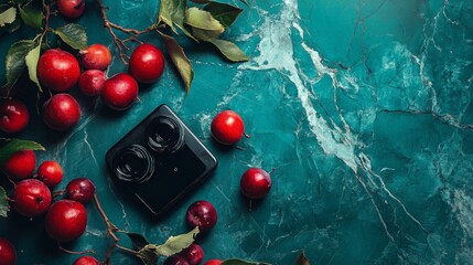 Red berries and camera lens on turquoise painted surface