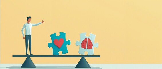 A man in a white shirt and gray pants gestures toward a seesaw with a red heart and brain puzzle pieces, symbolizing emotion and logic, on pale yellow.