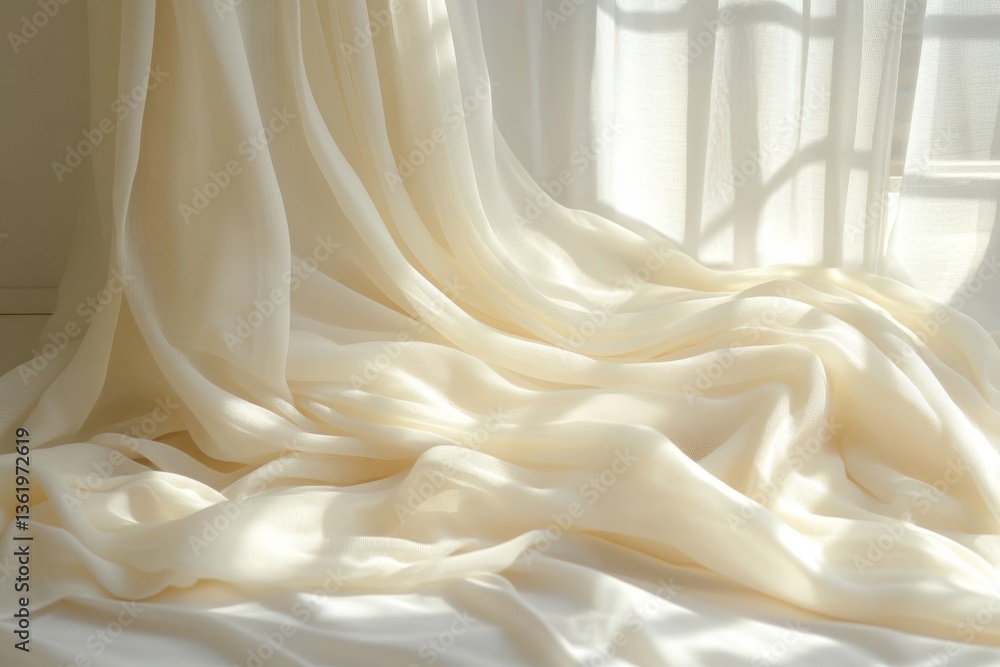 Poster soft cream fabric gracefully draped on a surface with natural light filtering through a window in th