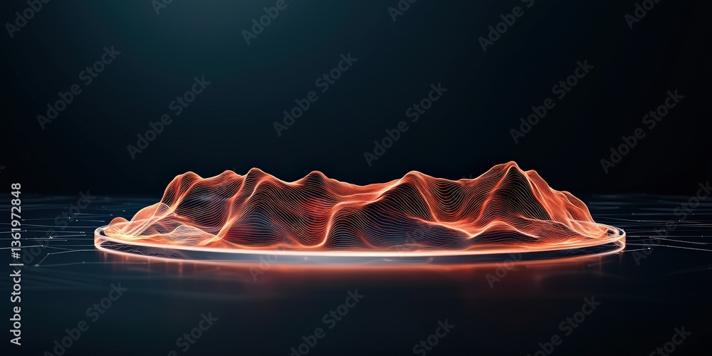 Poster material science nanomaterials concept. digital representation of a mountain landscape with glowing 