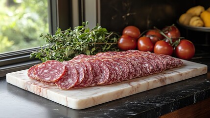 milona,napoli salami slices showcase their rich marbled texture,delicious flavor these italian pork sausages are delicatessen boards