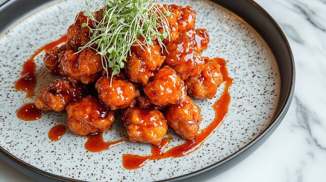 1A gourmet presentation of General Chicken, artistically plated with a drizzle of sauce and a touch of microgreens, placed on a marble countertop