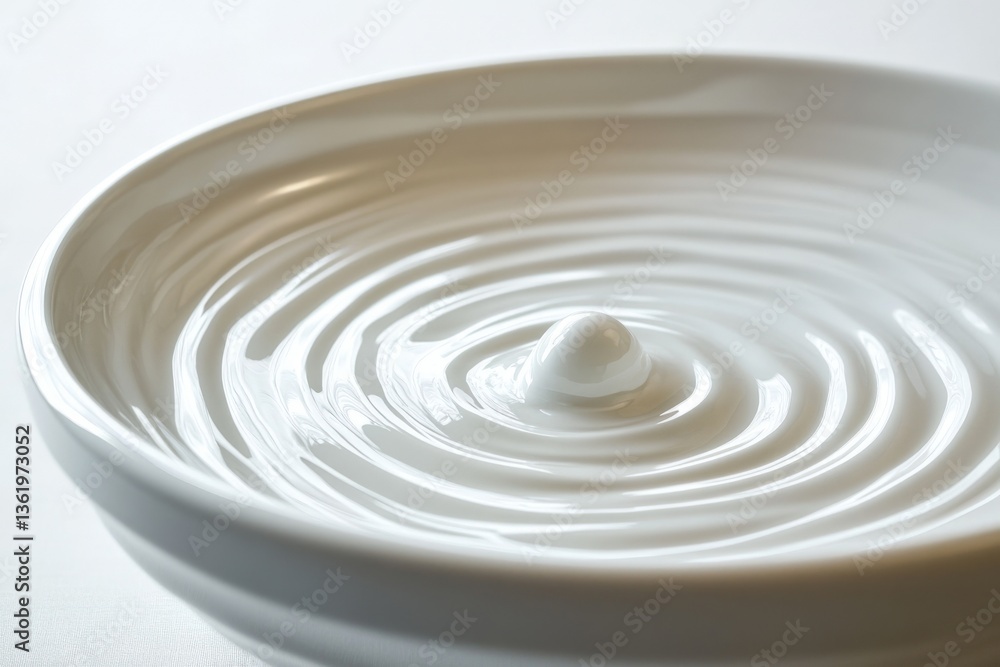 Poster ripples form in smooth white surface reflecting light during calm moment in minimalist setting