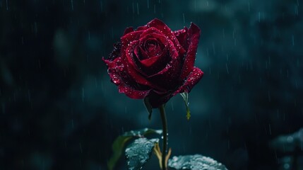 A close-up of a single deep red rose with water droplets
