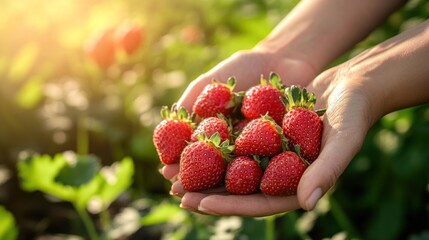 Sunlit Strawberry Harvest: A Farmer's Hands Gently Hold a Bounty of Ripe, Red Strawberries