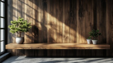 Wooden shelf with bonsai trees against dark wood wall, sunlight streaming through window.