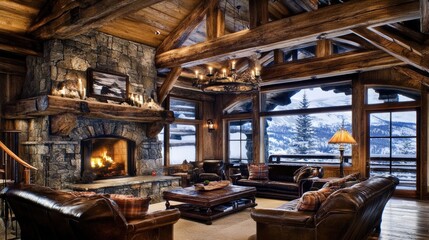 Rustic Mountain Cabin Living Room with Fireplace and Stunning View