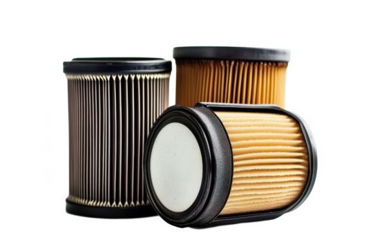 Close up of three automotive filters with black trim on Isolated on white transparent background