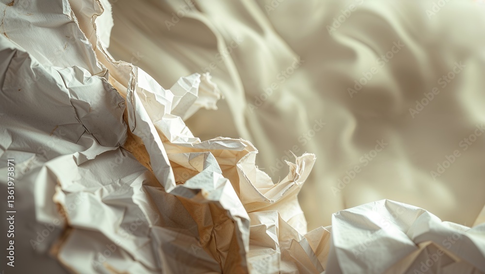 Poster crumpled white paper creates an abstract texture capturing light and shadow in a soft indoor setting