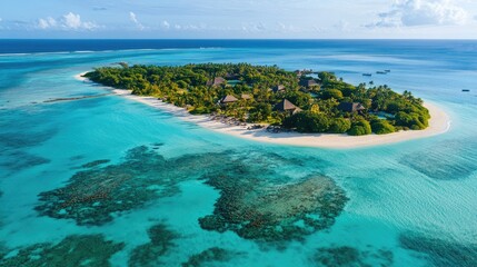 Obraz premium Aerial view of a tropical island with lush greenery and clear blue waters, showcasing serene beach and vibrant coral reefs
