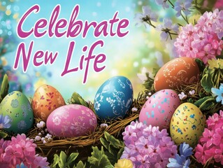 "Celebrate New Life" message with a vibrant Easter scene, featuring colorful eggs and blooming flowers, symbolizing renewal and joy