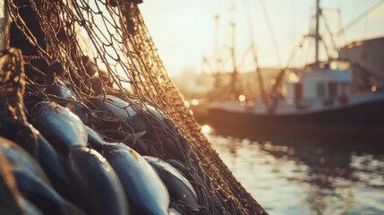 Catching Fresh Fish at Sunset from a Fishing Net by the Dock
