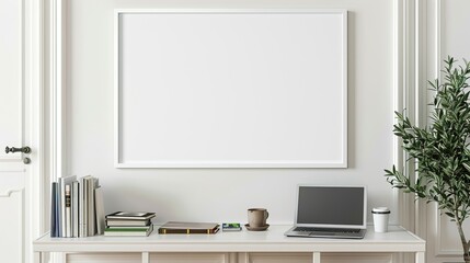 A white rectangular frame hanging in a hallway above a console table with a cup, a laptop, and a few books.  HD 8K mockup wallpaper Photographic Image