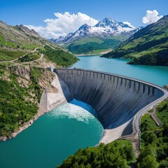 Stunning aerial view showcasing a massive dam surrounded by serene blue waters and majestic mountains, ideal for nature and engineering enthusiasts.