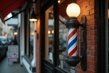A barber pole outside a row of small retail business shops in the city center, its twirling striking colors of red, blue, white attracting passersby and customers to enter for a hair cut.