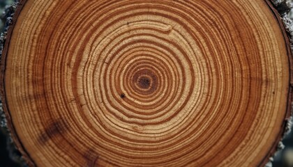 Fototapeta premium Close-up of brown hardwood tree trunk cut. Natural wood rings pattern, annual growth circles. Wood grain texture, organic surface, aged rustic effect. Woodwork, craft, home decor background.