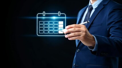 Businessman Scheduling with Futuristic Digital Calendar Interface