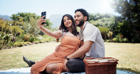 Couple, happy and selfie in nature for picnic, love and social media update on anniversary date....