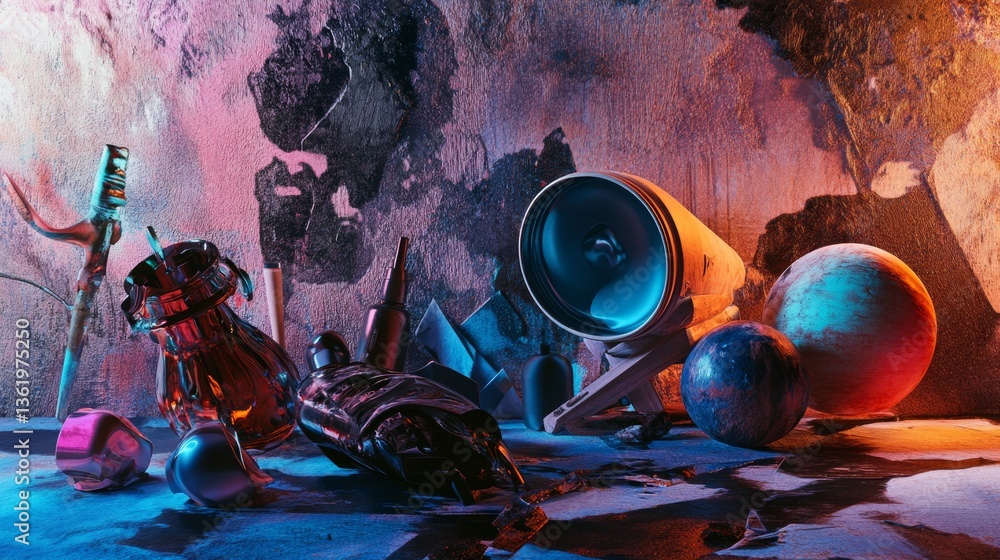 Poster abstract neon objects and masks in surreal composition