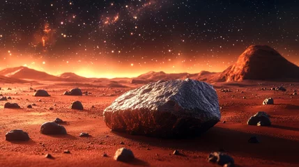 Gardinen A detailed view of a meteorite on the surface of Mars, with the planet's red landscape in the background  © Ceyhun