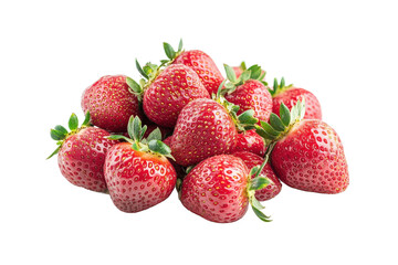 A close up shot of a pile of fresh strawberries with green leaves on Isolated on white transparent background