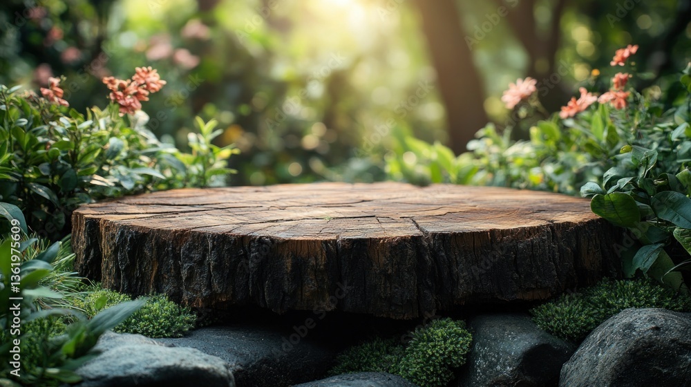 Poster wooden tree stump display in garden setting with flowers and sunlight.