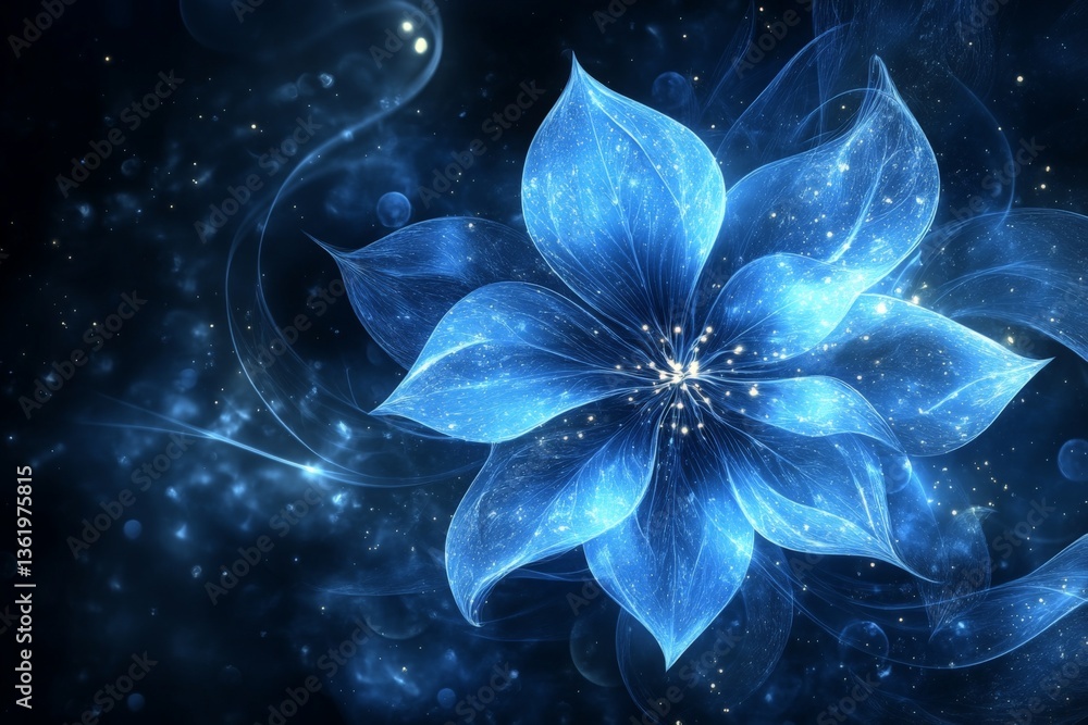 Poster bright blue abstract flower surrounded by sparkles in a dark cosmic background during a creative art