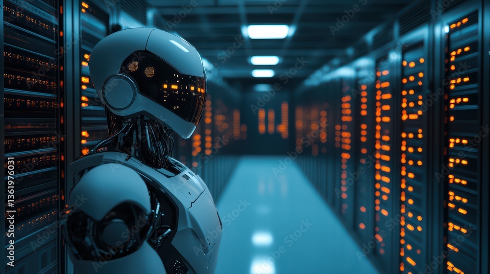 Poster a futuristic robot stands in a dimly lit server room, surrounded by glowing data servers, symbolizin