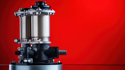 Fototapeta premium A professionally crafted wastewater pump with robust motor housing, set on a vivid red background