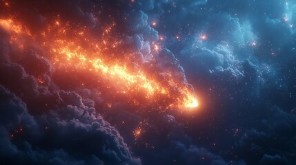 Fototapeta premium A glowing meteorite breaking through the atmosphere, leaving a fiery trail in the dark sky 