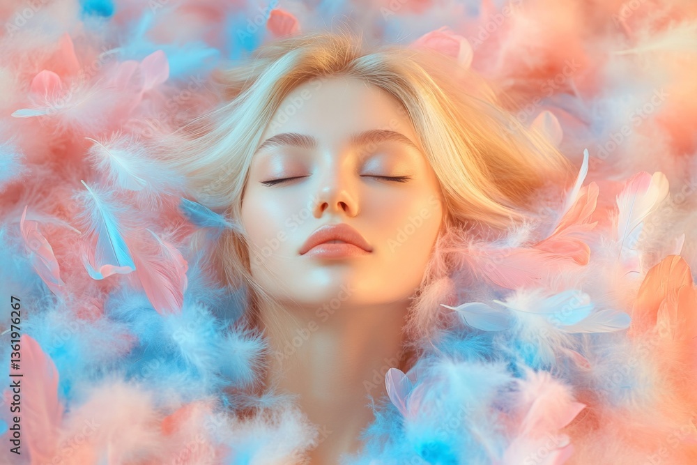 Poster serene woman surrounded by soft colorful feathers in a tranquil setting at dusk
