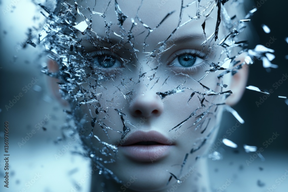 Poster captivating portrait of a girl with cracked glass effect reflecting emotions in a surreal setting