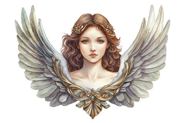 A serene angelic figure with flowing hair and majestic wings, embodying beauty and grace.