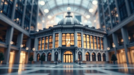 Opulent architectural interior features large windows and dome