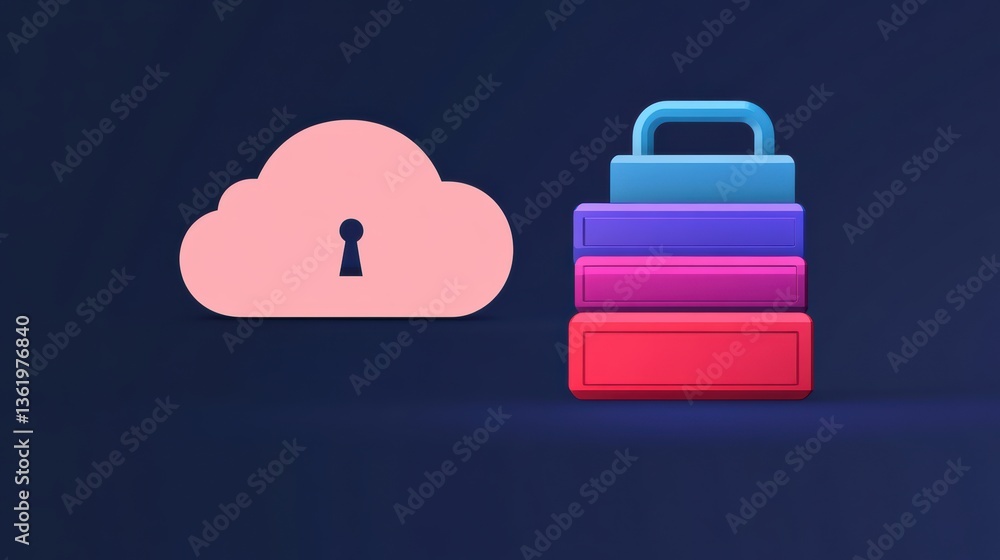 Poster a digital illustration depicting a cloud with a lock and colorful stacked blocks, symbolizing cloud 