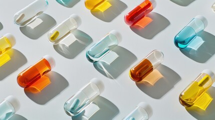 Minimalist composition of clear glass pill bottles filled with colorful capsules.
