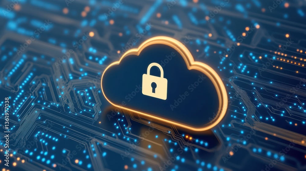 Poster a digital illustration of a cloud symbol with a padlock, representing cloud security and data protec