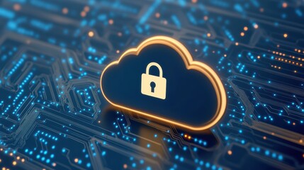 A digital illustration of a cloud symbol with a padlock, representing cloud security and data protection in a tech-oriented background.