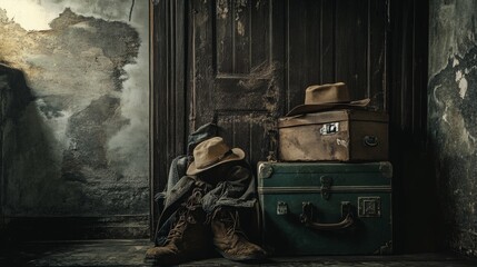 Vintage suitcases and hats in a moody setting